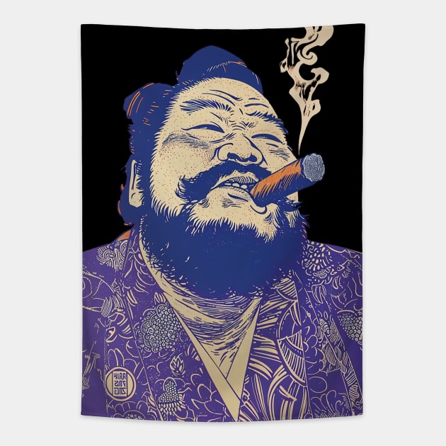 Puff Sumo: Smoking a Fat Robusto Cigar on a dark (Knocked Out) background Tapestry by Puff Sumo