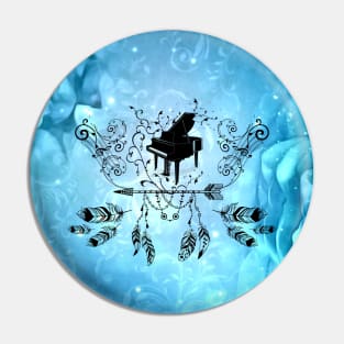 Piano with feathers, clef and key notes Pin