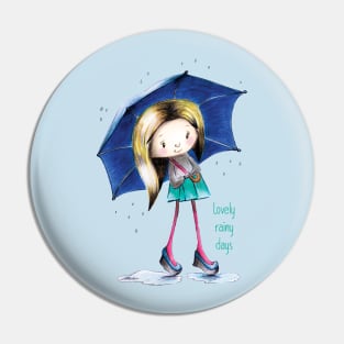 Cute girl in the rain with an umbrella Pin