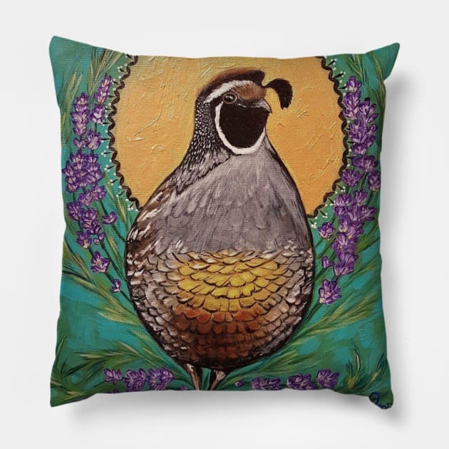 Quail sun lavender painting Pillow by StephaniePerryArt