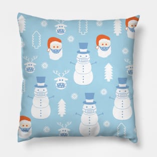 Santa Claus, snowman, and deer wearing a protective face mask Pillow