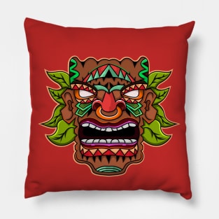 Tiki Mask Green Leaves Pillow