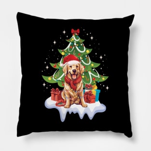 Merry Christmas Tree With Golden Retriever Dog Pillow