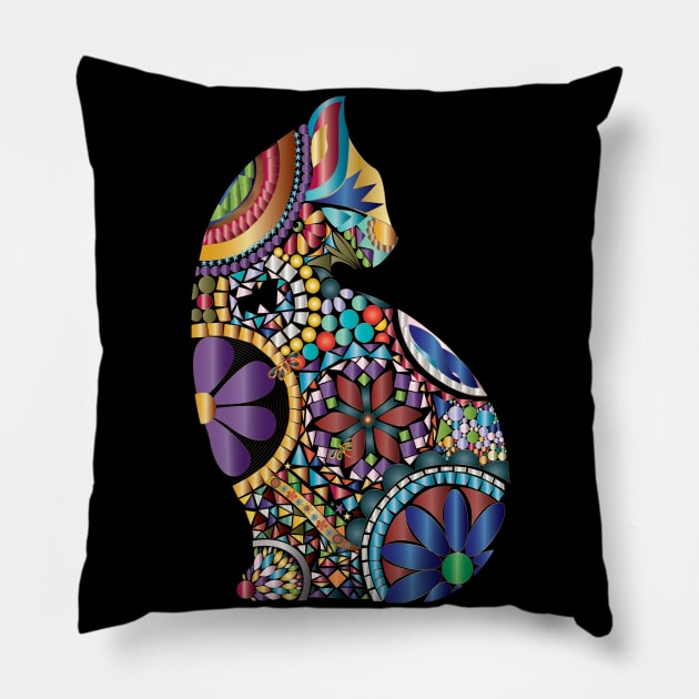 Mosaic colorful cat with dragonfly Pillow by Nobiya