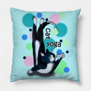 Cute cartoon black and white cat yoga pose Pillow