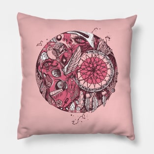 Pink and White Skull and Dreamcatcher Circle Pillow