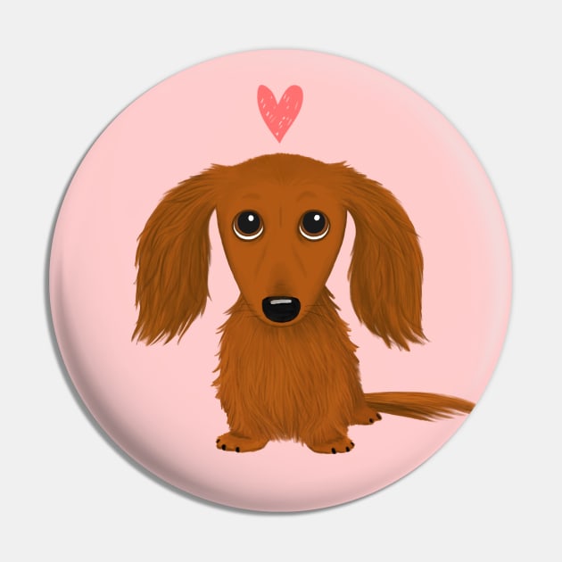 Cute Longhaired Dachshund Cartoon Dog with Heart Pin by Coffee Squirrel