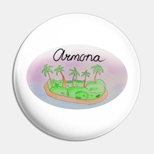 Armona watercolor Island travel, beach, sea and palm trees. Holidays and rest, summer and relaxation Pin