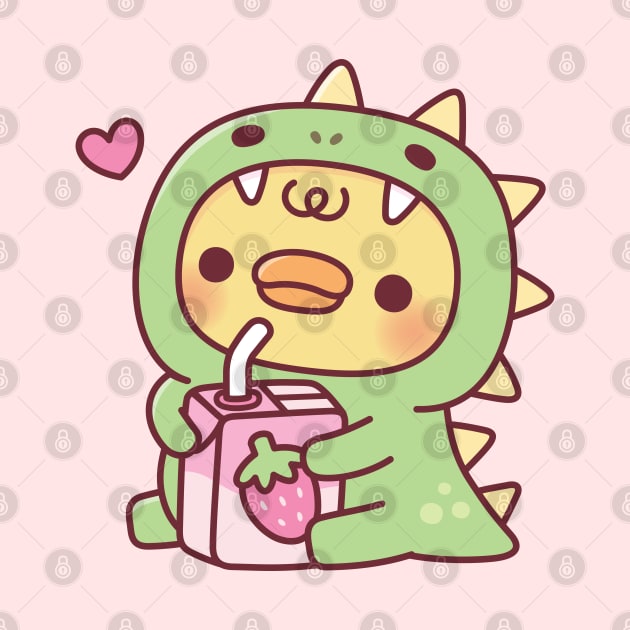 Duck In Cute Dinosaur Costume With Strawberry Milk by rustydoodle