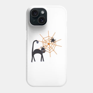 Spookily cute cats, spiders and cobwebs for Halloween in bold orange and darkest charcoal Phone Case