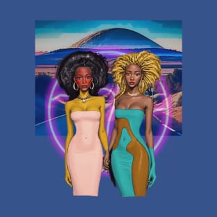 Two Afro Fashion Dolls with halo on desert road T-Shirt