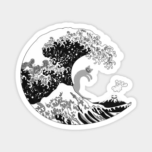 Kanagawa Black Wave with Surfing Cat Magnet