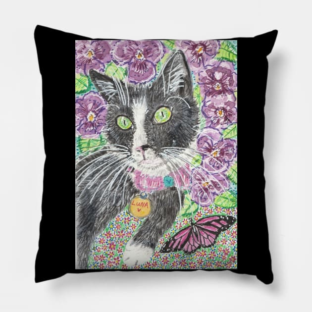 Luna tuxedo cat butterfly Pillow by SamsArtworks