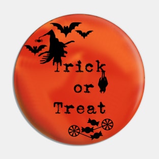 Trick or Treat _ Halloween Witch, Bats, Candy and Orange Moon Pin