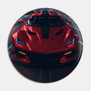 Dark Red Sports Car in Japanese Neon City Pin