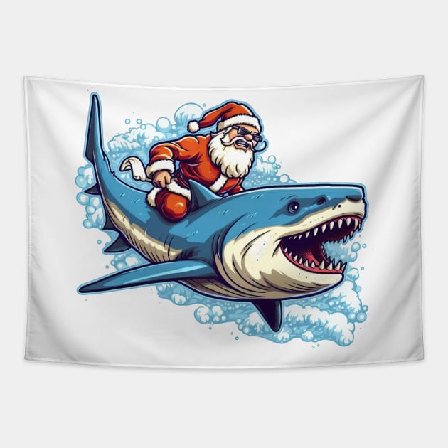 Santa Claus riding a shark Tapestry by RosaliArt