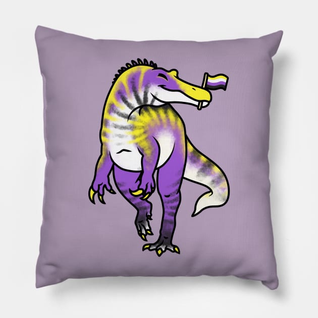 NON-BINARYonyx Prideosaur - Pride Month Non-Binary Flag Dinosaur Pillow by saradrawspaleo