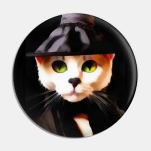 White cat in witch hat Pin