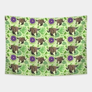 Coatimundi with Palm Leaves Philodendron Gloriosum Leaves and Purple Dahlias (All Over Pattern) Tapestry