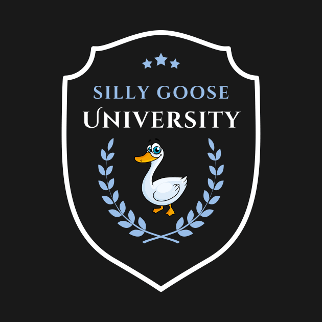 Silly Goose University - Funny Cartoon Goose Emblem With Blue Details by Double E Design