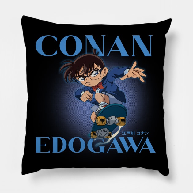 Detective Conan - Conan Edogawa Skateboarding - 90s Vintage Anime and Manga Pillow by clvndesign