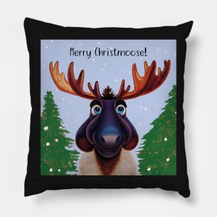 Merry Christmoose - Christmas Moose in the snow in blue and green Pillow