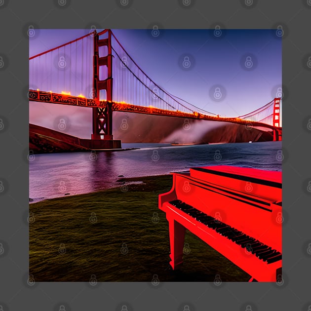 A Red Piano Looking Out At The Golden Gate Bridge At Dusk. by Musical Art By Andrew