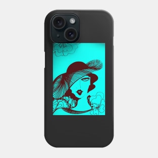 TURQUOISE RETRO OP ART SEVENTIES DECO LADY WITH HAT SUMMER PRINT Phone Case