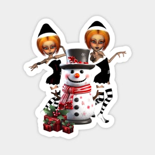 Cute dark christmas elf with snowman. Magnet