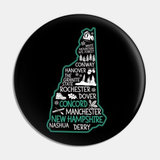 New Hampshire Concord cute map Conway Hanover Rochester Dover Manchester Nashua Derry The Granite State Pin