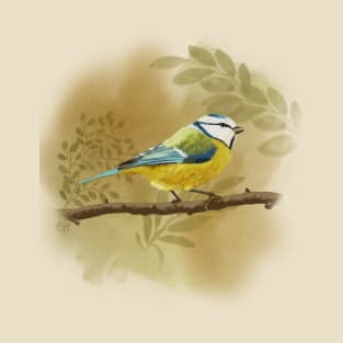 Blue Tit Soft Pastel Drawing on Yellow Ochre T-Shirt