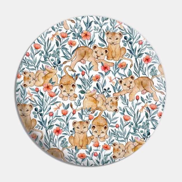 Lion Cub Pairs and Poppies on White Pin by micklyn