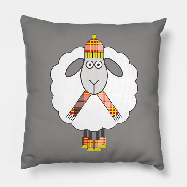 Cosy Winter Sheep With Red, Yellow, Black and White Tartan Hat, Scarf and Boots Pillow by MacPean