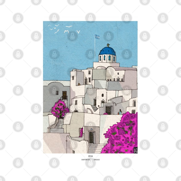Oia Santorini Greece Whimsical Illustration by Wall-Art-Sketch