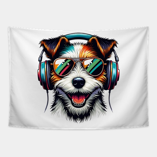 Parson Russell Terrier as Smiling DJ with Headphones and Sunglasses Tapestry by ArtRUs