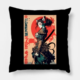 Cool Samurai Cat Girl Warrior Urban Japanese Pillow