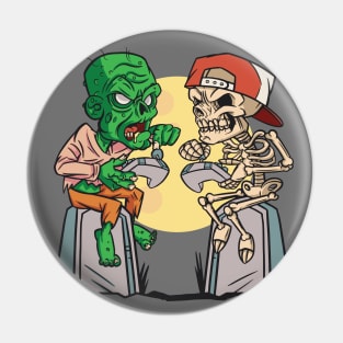 Funny Zombie & Skeleton Gamers on Tombstones Pin