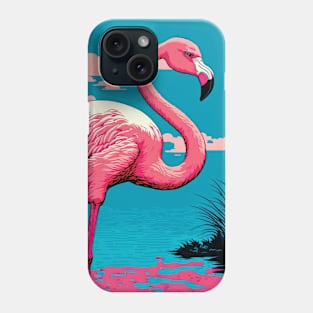 Flamingo in a Lake against Azure Sly with Pink Clouds Phone Case