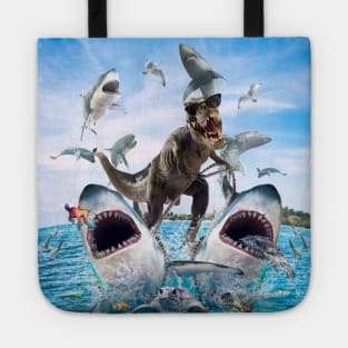 Dinosaur Riding Sharks Tote