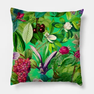 Trendy tropical floral leaves and fruits tropical pattern, green floral illustration over a Pillow
