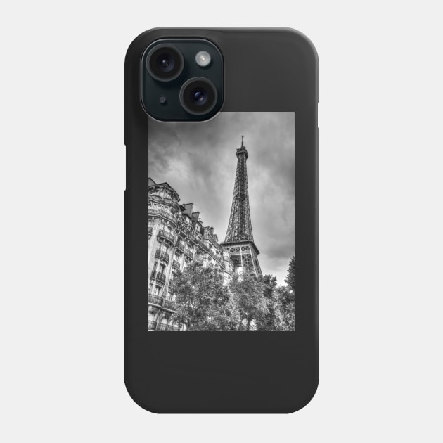 Eiffel Tower Paris, Behind The Town Houses, Black And White Phone Case by tommysphotos