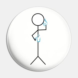 Stick figure holding coffee mug and smartphone Pin