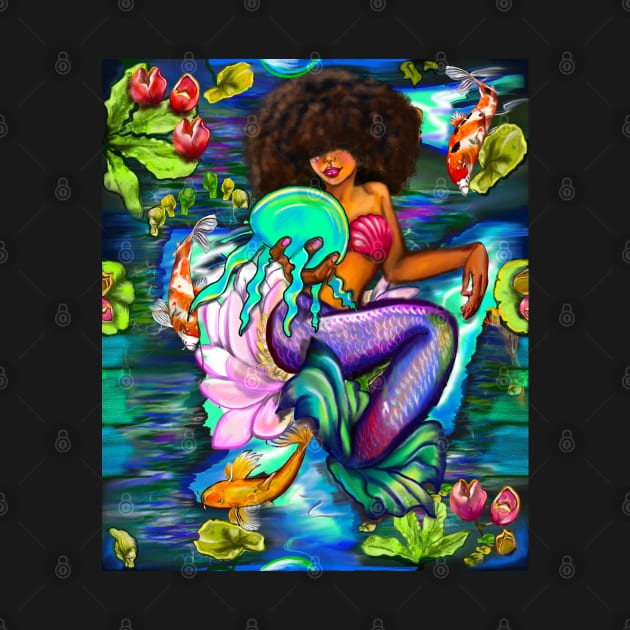 Mermaid holding a jellyfish with Koi fish in koi pond with plants and flowers black African American mermaid by Artonmytee