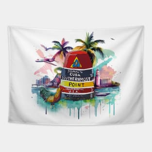 Key West Southern Most Point in US Marker with Cuban Background - WelshDesigns Tapestry