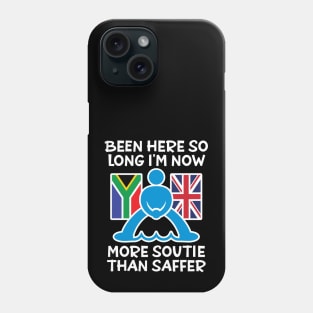 Now More Soutie Than Saffer - Funny design showing the flags of South Africa and the United Kingdom with a pictogram soutie straddling the water between the two. Phone Case