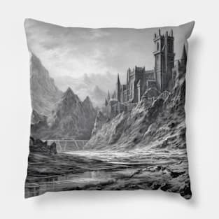 Fortress Mountain Castle Fantasy Story Ink Sketch Style Pillow