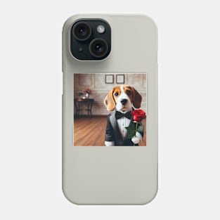 Beagle dog in formal tuxedo carrying red rose Phone Case
