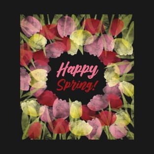 Happy Spring | Pink Red Yellow | Black T-Shirt