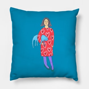 Girl With A Blue Cat Pillow