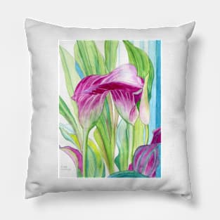 Pink Calla lilies watercolour painting Pillow